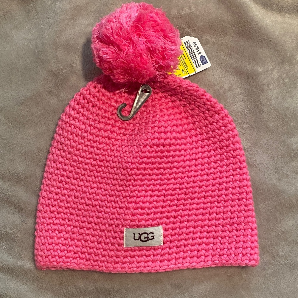UGG Bright Pink Knit Beanie with Pom Pom